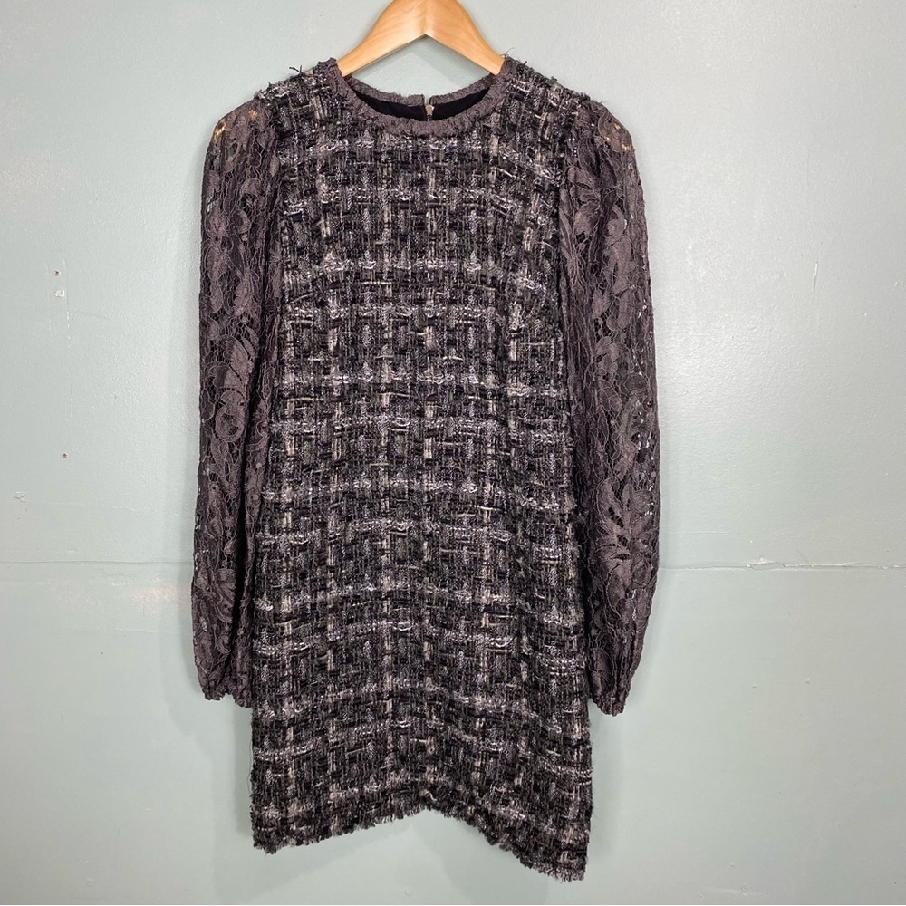 Dolce & Gabbana Tweed‎ Gray Dress With Lace Sleeves Floral Long Sleeve Sz 4